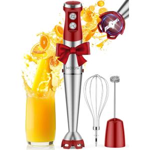 KOIOS Immersion Blender, 1000W Anti-scratch 3-in-1 Hand Blender, Upgraded 12 Speed Stainless Steel Blade Stick Blender with Turbo Mode, Whisk and Milk Frother, Non-BPA, Red