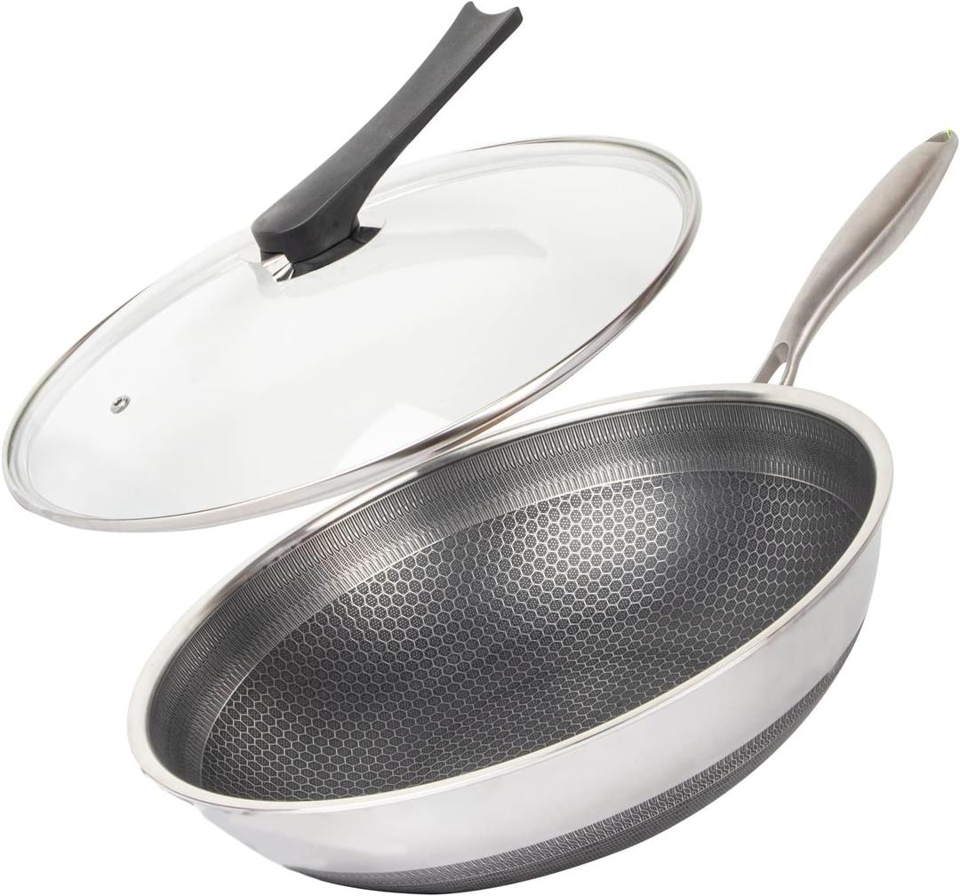 12.5" 316L Stainless Steel Honeycomb Non Stick Wok Pan Stir-fry Wok with Lid,Skillet with Stay-cool Handle PFOA Free Suitable for Induction, Ceramic, Electric, and Gas Cooktops (Silver) 12.5" 316L Stainless Steel Honeycomb Non Stick Wok Pan Stir-fry Wok with Lid,Skillet with Stay-cool Handle PFOA Free Suitable for Induction, Ceramic, Electric, and Gas Cooktops (Silver)