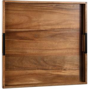 Large Square Ottoman Tray for Living Room and Coffee Table, Decorative Acacia Wood Serving Tray with Metal Handles for Breakfast in Bed, Dinner Food Kitchen TV (Natural, 22" x 22" x 2")