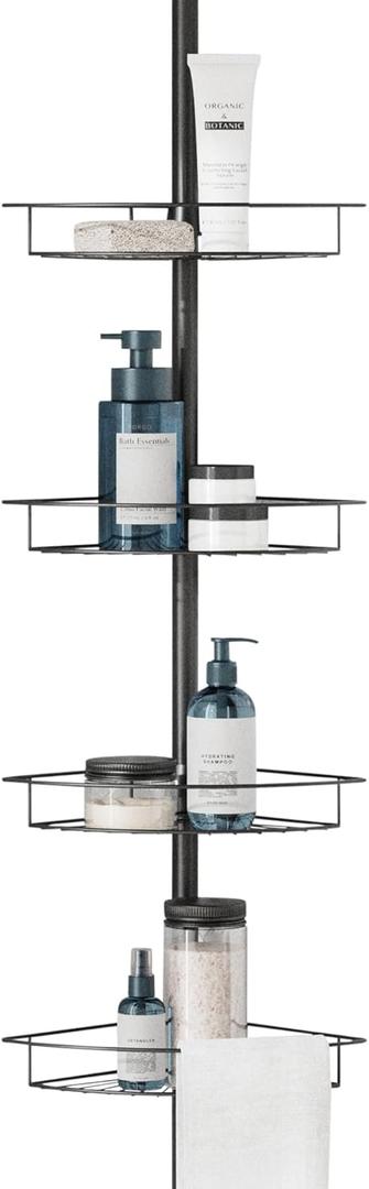 Zenna Home Tension Pole Shower Caddy, Adjustable Corner Shower Storage System with 4 Baskets and Built in Towel Bar, Rust-Resistant Bathroom Organization Solution, 60 to 97 Inch, Matte Black