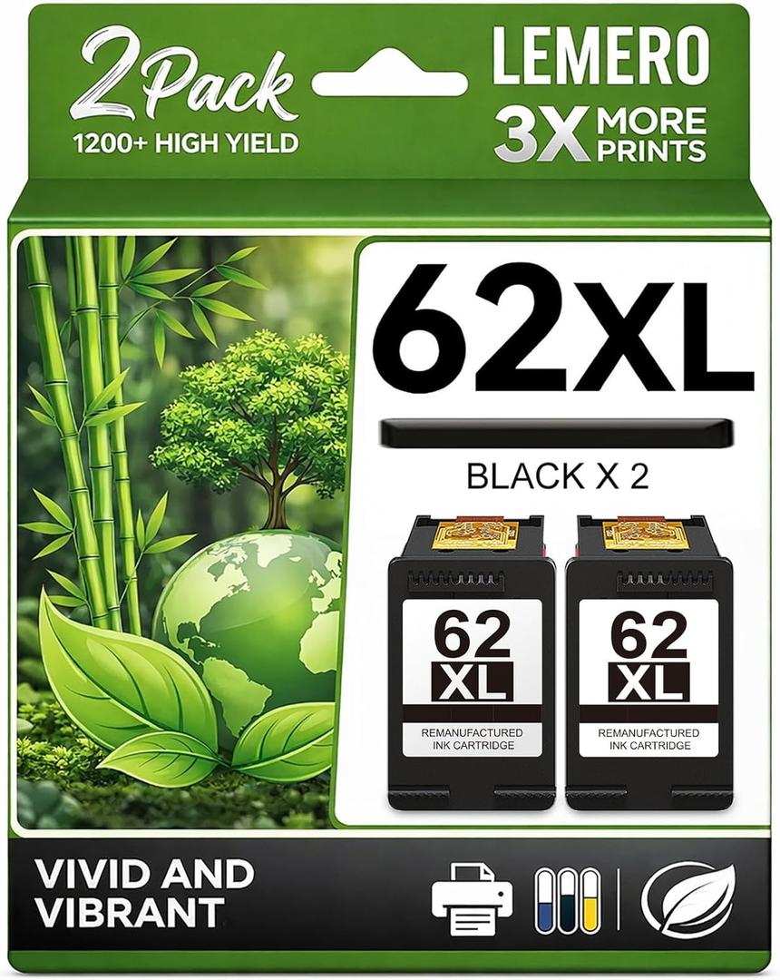 LEMERO Remanufactured for HP 62XL Ink Cartridges Black Replacement for HP 62 Black Ink Cartridge 62XL Ink Cartridge Combo Pack Work with Envy 7645 7640 7645 Envy 5660 5540 Officejet 250 200 Printer