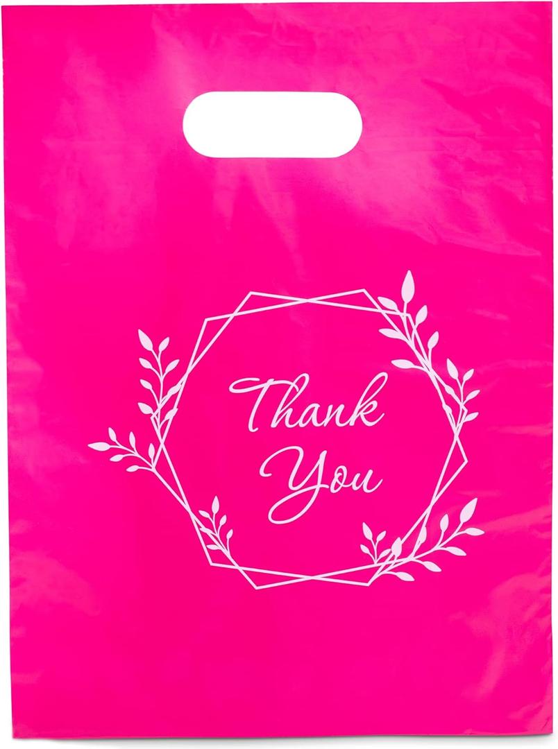 Merchandise Bags 100 Pink Color 9"x12" Size 1.5Mil Thick Glossy With Handles Bags (Pink Thank you)
