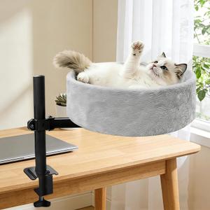 Cat Desk Bed,360° Rotating & Height Adjustable Desk Cat Bed,Space Saving Modern Indoor Cats Nest Furniture Cozy Faux Fur Pet Nest Perch Hammock for Various Desktops,15.7" L*15.7" W*16.9" H,Grey