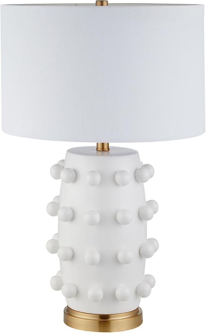 Henn&Hart 25.5'' Modern 1-Light Ceramic Table Lamp with Spherical Orbs on Lamp Body with White Fabric Drum Shade for Living Room, Bedroom, or Office, Matte White