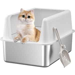 Stainless Steel Cat Litter Box with Lid,XL,19.7 L x 13.8 W x 11.8H Deep,Large Metal Litter Box with High Side,for Small and Large Cats,Anti-Leakage Non-Sticky Easy Cleaning Include Litter Scoop