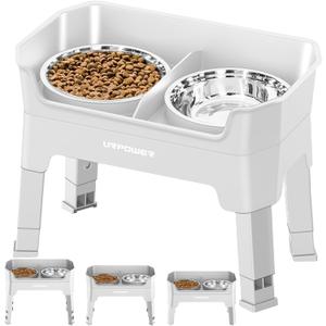 URPOWER 3-in-1 Elevated Dog Bowls - Mess Proof Double Deck 4 Height Adjustable Raised Stand with 2 Stainless Steel Food Bowls & Licking Plate for Small, Medium & Large Dogs (Light Grey)