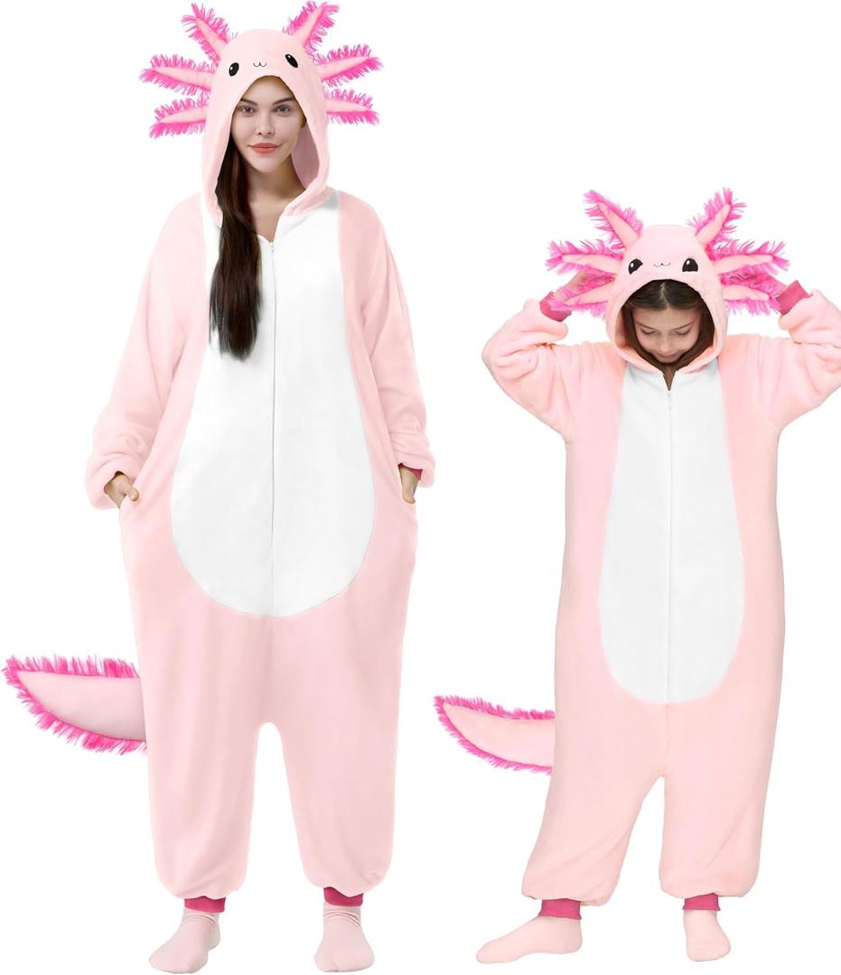 Spooktacular Creations Halloween Axolotl Costume, Kids Axolotl Costume, Zip-Up Hooded Jumpsuit for Halloween Cosplay Party (8-10 Years, Pink)