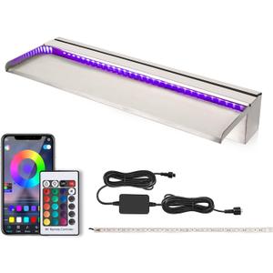 24 Inch APP Control Pool Waterfall Spillway Stainless Steel with LED Lights, Pond Fountain Set for Outdoor Decorations, Koi Pond Swimming Pool w/16 Color Changing Spillway for Sheer Descent