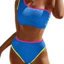 Bikini Sets for Women High Waisted 2 Piece Bestselling Swimsuit Ribbed One Shoulder Tummy Control Bathing Suit 2025 (Medium, Blue Colorblock)