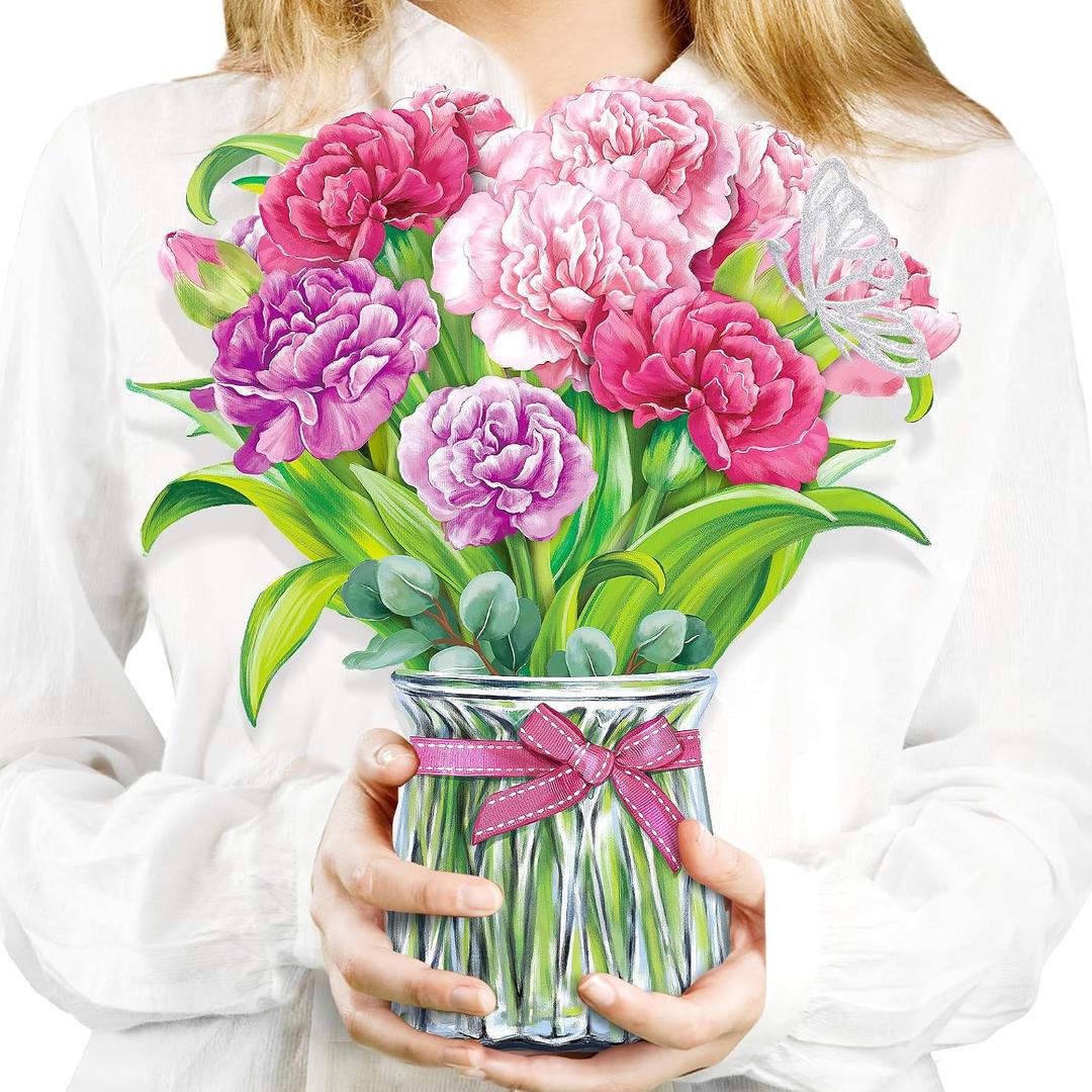 Airpark Mothers Day Gifts Card, 3D Pop Up Carnation Paper Flower Bouquet Birthday Card, Teacher Appreciation, Anniversary, Thank You Gift Cards for Mom Women, Floral Card with Envelope & Note, 12 Inch
