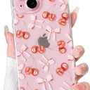NITITOP Compatible with iPhone 15 Plus Case Cute Clear Cherry Bowknot Design for Women Girls Bow Ribbon Soft Fit Slim Stylish Anti Yellowing Protective Phone Cover - Light Pink