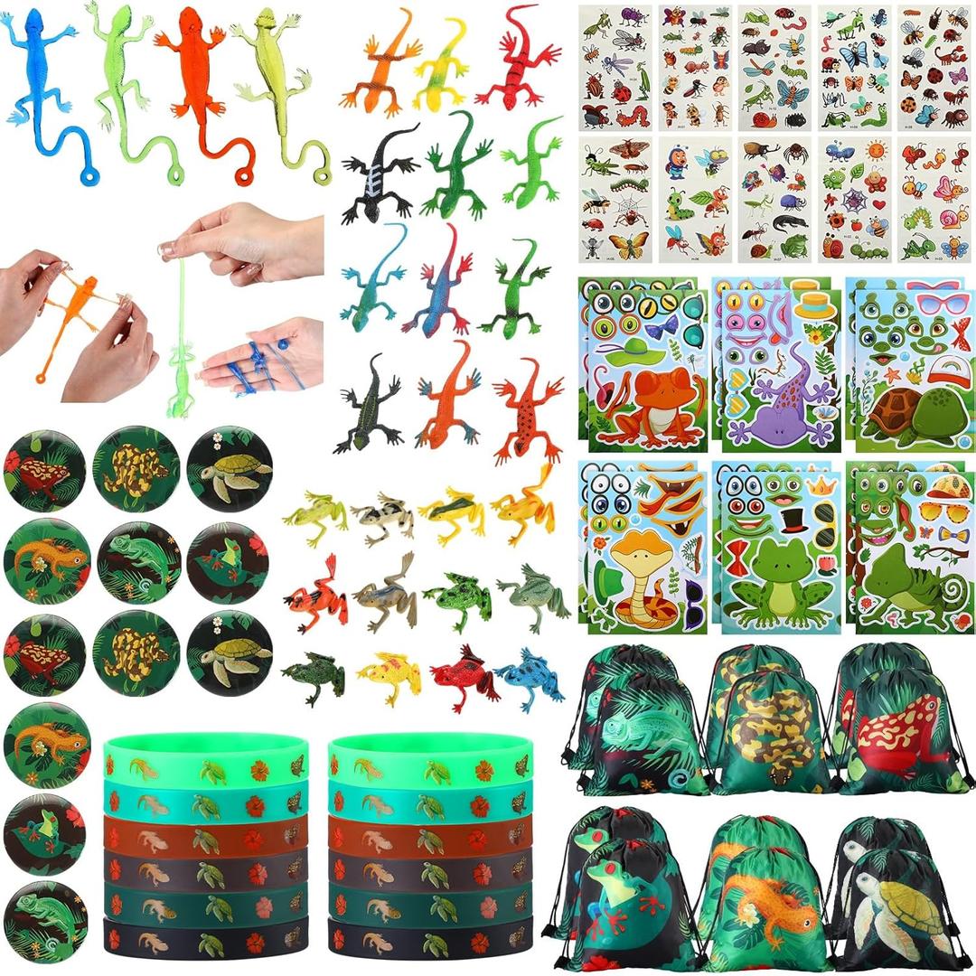 Paterr 94 Pcs Reptile Party Favors Reptile Birthday Party Supplies Decorations Include Gift Bags Slap Bracelets Badges Tattoos Stickers frog Lizard Toys Stretchy Sticky Toys for Boy Girl