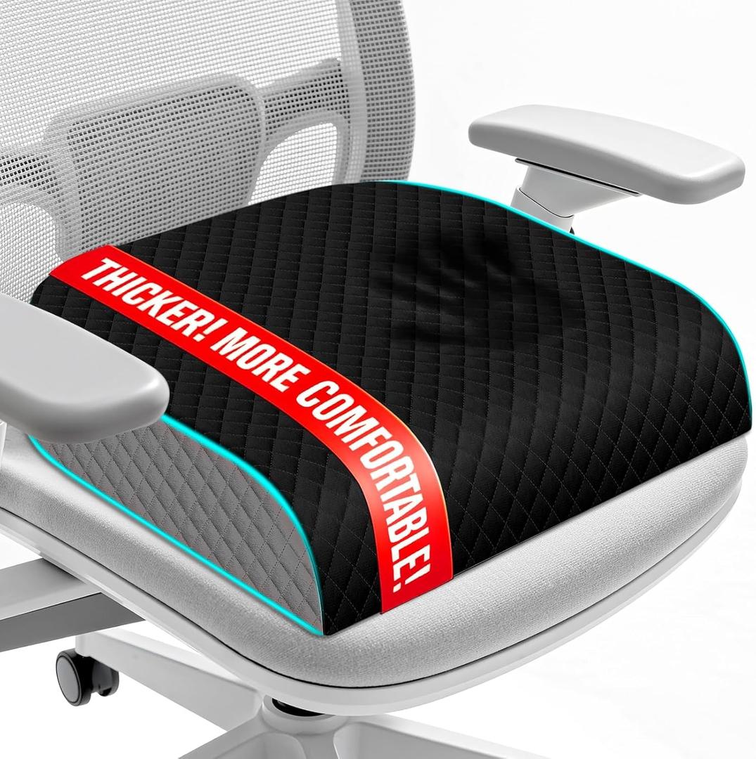 Seat Cushion for Office Chair, Memory Foam Chair Cushions, Car Seat Cushion for Long Sitting, Desk Chair Cushion for Pressure Relief, Non-Slip Bottom, Washable Cover, Large, Black