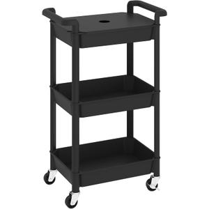 MIOCASA Utility Rolling Cart with Cover Top Board, 3-Tier Kitchen Storage Organization, Art Cart with Wheels for Office, Classroom, Livingroom, Kitchen, Bathroom (Black, 3-Tier-Plastic)