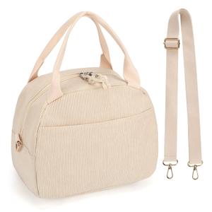 Lunch Bag Women with Shoulder Strap【Large Capacity】【Strengthen Insulation】【Durable ＆ Waterproof】 Corduroy Lunch Tote Bag, Reusable Insulated Lunch Box/Cooler for Women/Girl/Men, Beige+Sticker