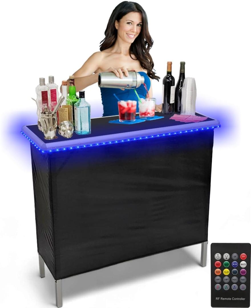 PARTYPONG Folding Portable Bar w/LED Lights, Wireless Remote, 2 Bar Skirts, Storage Shelf, & Carrying Case - Black