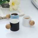 2 x Ceramic Espresso Cups Set of 2, 2 oz Mini Espresso Cups, Round Wooden Handle Stripes Demitasse Cups for Tea or Coffee (2, Black)