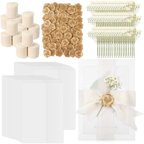 Fuyoooo 60 Set Wedding Invitations Wraps Set Pre Folded Vellum Jackets for 5 x 7 Invitations Self Adhesive Gold Wax Seal Stickers Dried Baby's Breath Flowers Chiffon Silk Ribbon for Craft DIY