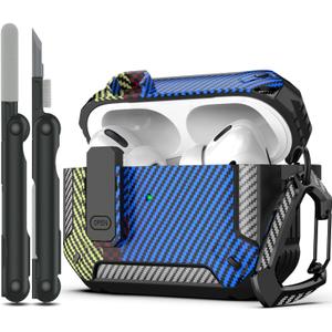 RFUNGUANGO for AirPods Pro Case Cover with Cleaner Kit, Military Hard Shell Protective Armor with Lock for AirPod Pro Charging Case, Front LED Visible, Carbon Fiber Blue