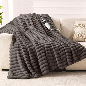 Heated Blanket Electric Throw, Soft Flannel Heating Blanket with 8 Hours Auto Off 10 Fast Heating Levels Machine Washable Sherpa Heated Blanket with Overheating Protection (Throw (50" x 60"), Grey)