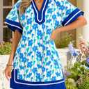 Wenrine Womens Summer Puff Sleeve Casual V Neck Mini Boho Floral Dresses (Blue)