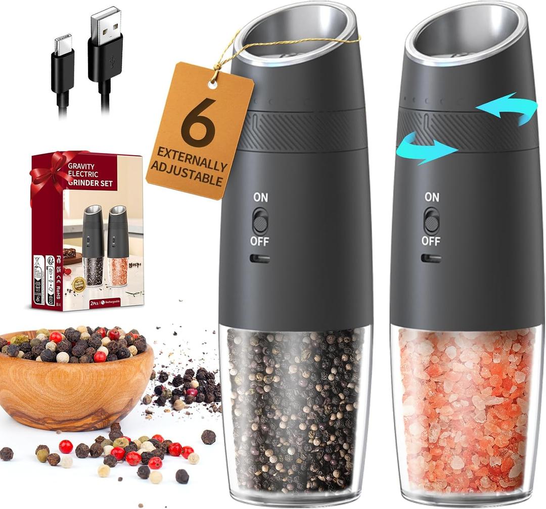 CIRCLE JOY Gravity Electric Salt and Pepper Grinder Set Rechargeable Automatic Pepper and Salt Shakers with LED Light, External Adjustable Coarseness, One-Hand Operation for Salt & Spices