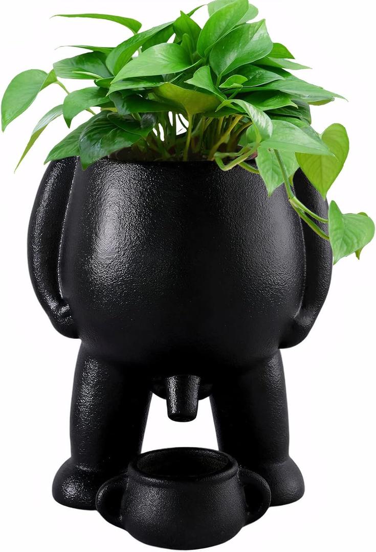 Peeing Plant Pot with Drainage, Ceramic Penis Planter, Unique Planters for Indoor Plants, Outdoor Funny Plant Pots, Novelty Peeing Pot Planter, Decorative Planters (Black)