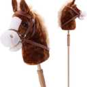 Linzy Toys 35.5" Plush Stick Horse - Funny Hobby Horse with Pony Sound, Soft Realistic Mane & Durable Leather Reins, Pretend Play Riding Toy for Boys & Girls Ages 3+ (Brown)