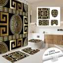 4PCS Black Gold Geometric Print Fabric Shower Curtain Set, Modern Waterproof Soft Fabric Shower Curtain Bathroom Trim, Non-Slip Bath mat, Applicable to bathrooms, Hotels,12 pcs Hooks, 71x71 in