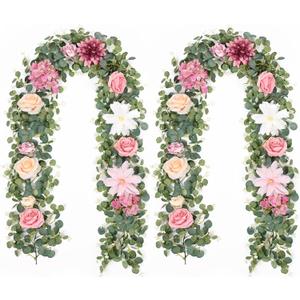 Waipfaru 2Pcs Artificial Flower Garland Decorations, 12.14Ft Eucalyptus Greenery Vines with Pink Roses for Wedding Table Runner Centerpieces Backdrop Room Decor (Pink)