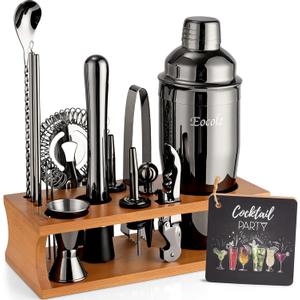 Bartender Kit Cocktail Shaker Set with Stand Bar Tool Bar Set for Drink Mixing Home Bartending Kit 17-Piece Bar Cart Accessories: Martini Shaker, Mixer Spoon, Jigger, Muddler, Strainer & Recipes Gifts (Black Cobbler - 17pcs)