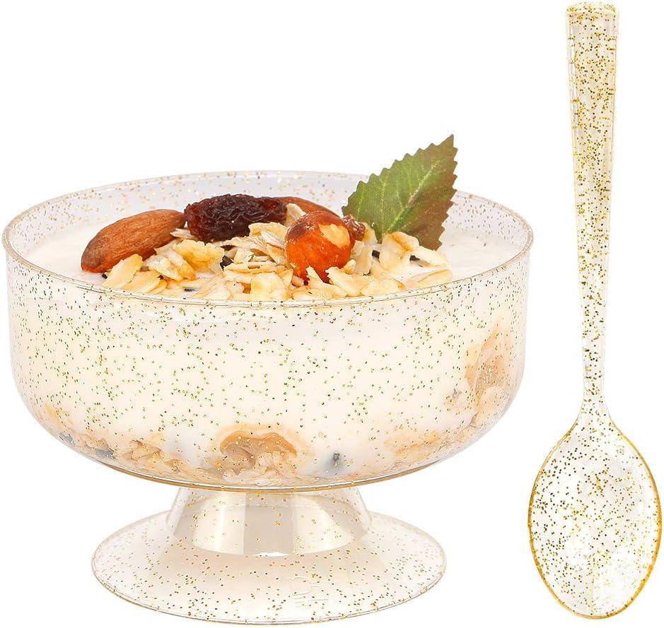 WDF 48pack 7oz Gold Glitter Medium Large Plastic Dessert Cups With Spoons-48 Disposable Ice Cream Plastic Cups & 48 Gold Glitter Tasting Spoons for Thanksgiving