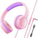 Kids Wired Headphones for School, Over-Ear Children's Headphones with Microphone, Foldable 85/94dB Volume Limited Headphones, 3.5mm & USB-C Compatible(Candy Pink)