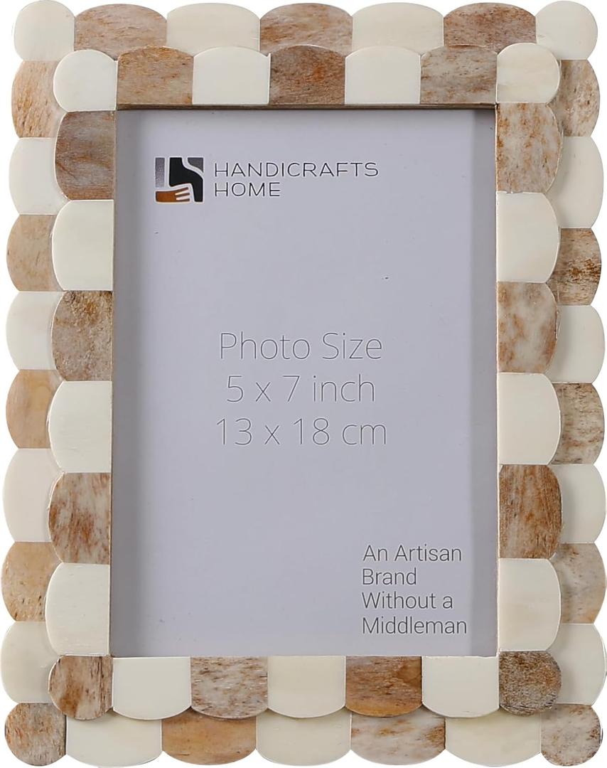 Handicrafts Home 5 by 7 Brown Picture Frame, Handmade Scallop pattern Bone inlay Photo Frame for Wall & Tabletop, Boho Farmhouse Vintage Home Decor, Gallery Wall Decor, Family Picture Frame Fall decor