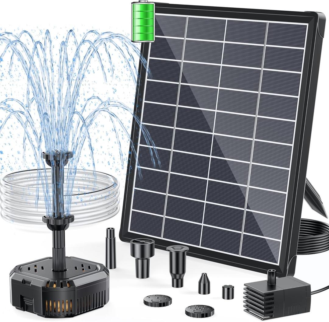 POPOSOAP 6.5W Solar Pond Filter Built-in Battery Backup, Solar Water Fountain Pump with Pond Filter, 8 Nozzles & PVC Tubing for Bird Bath, Small Ponds, Fish Tanks, Water Features P3065D