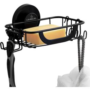LEVERLOC Soap Holder Dish for Shower Wall, Bar Suction Cup Soap Saver Tray with Hooks, Rust Proof Draining Stainless Steel for Bathroom Bathtub Kitchen Sink & Bath Organizers, Black (5.6" * 4.6")