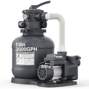 13in Sand Filter Pump for Above Ground Pool with Timer, 2/3 HP 3000 GPH Pool Pumps Above Ground for Pools up to 13,000 Gallons, Pool Sand Filter with 6-Way Valve, Efficient Filtration