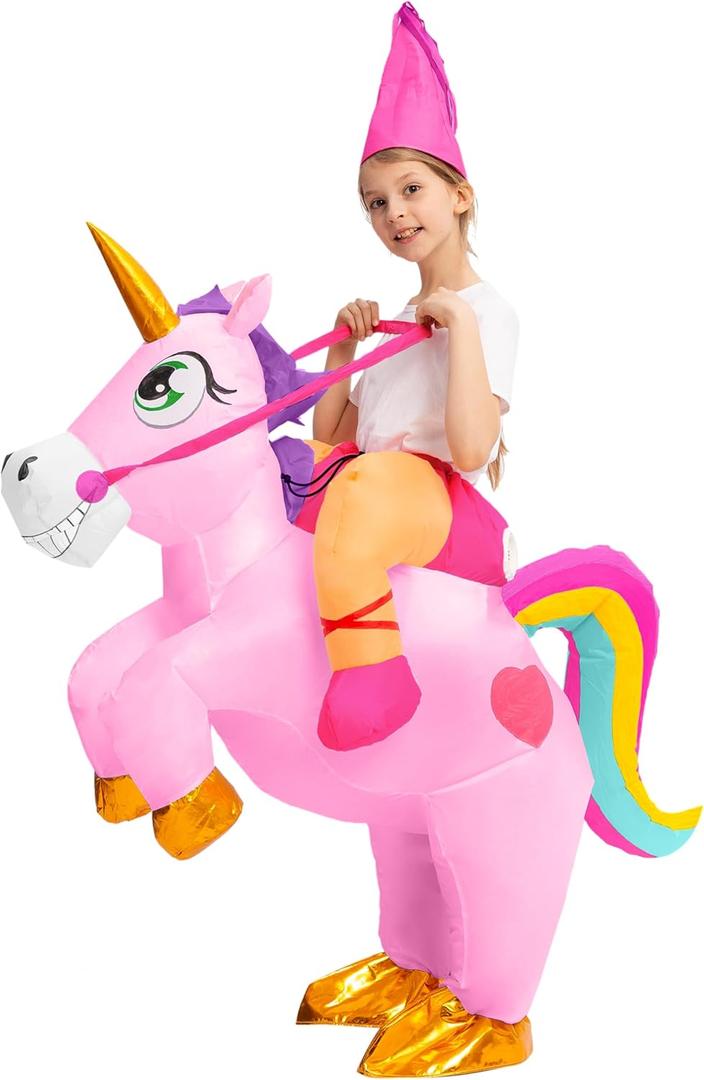 Spooktacular Creations Kids Inflatable Halloween Costume, Riding a Unicorn, Colorful Air Blow-up Set with Hat Hallowen Party (Medium, Pink)