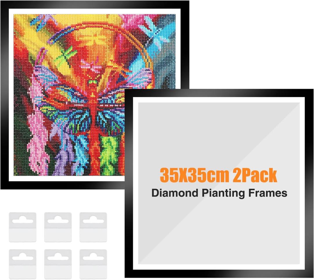 NAIMOER Upgraded 2Pack Diamond Painting Frames for 35x35cm Canvas, Magnetic Art Frame Self-Adhesive With Hooks for Wall Window Door (Black)