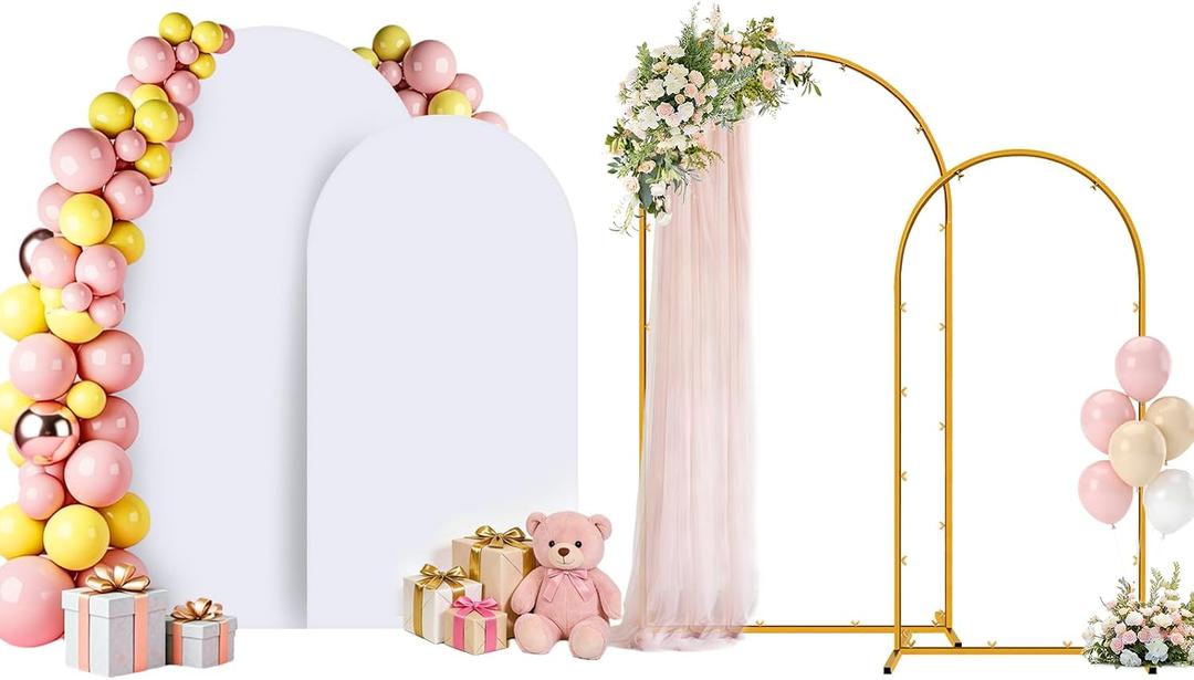 Arch Backdrop Stand and Cover Set of 2 Wedding Metal Arch Stand with Arch Cover White 7.2FT, 6FT for Wedding Party Bridal Baby Shower Birthday Ceremony Event Decor