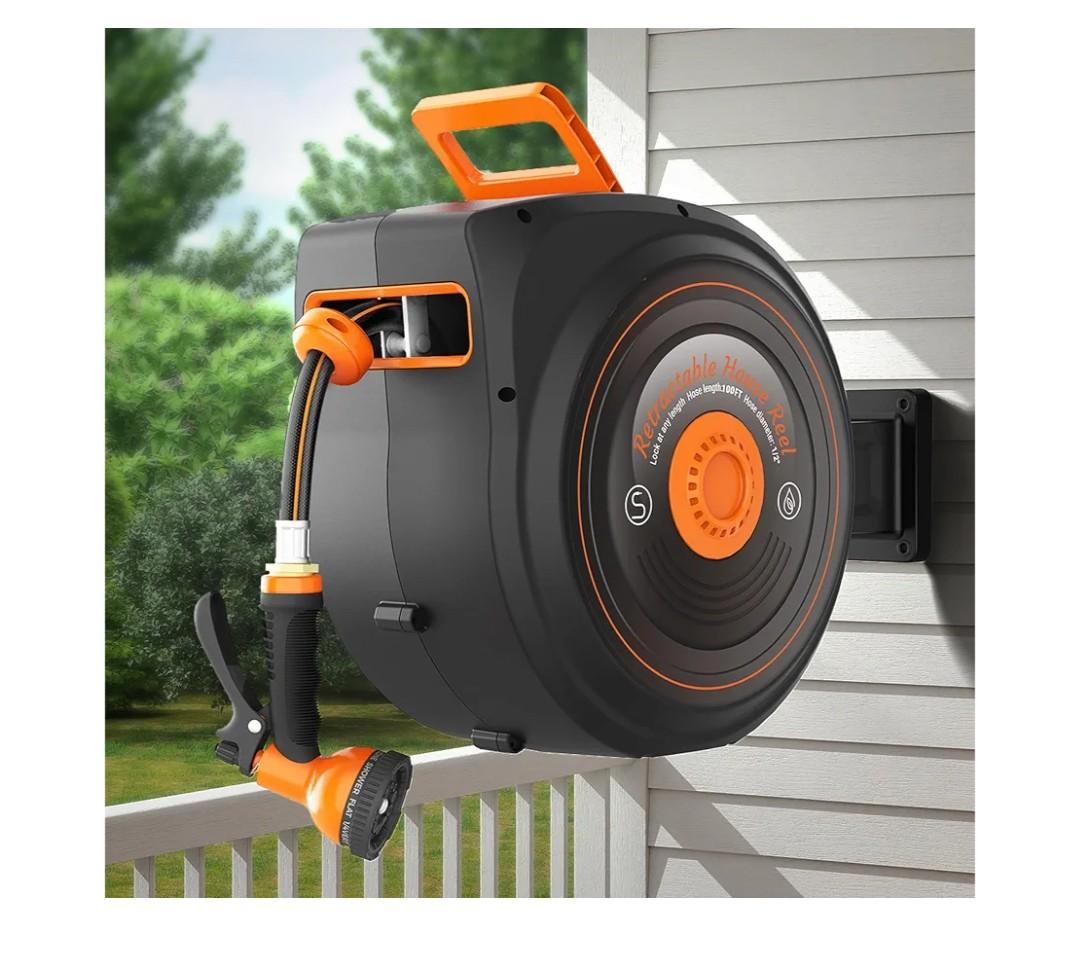 Retractable Garden Hose Reel 100 FT 1/2 IN for Outside, Upgraded 10 Spray Patterns, Heavy Duty Automatic Water Hose Reel with Any Length Lock, Wall Mount, Pro Guide System, 180° Swivel