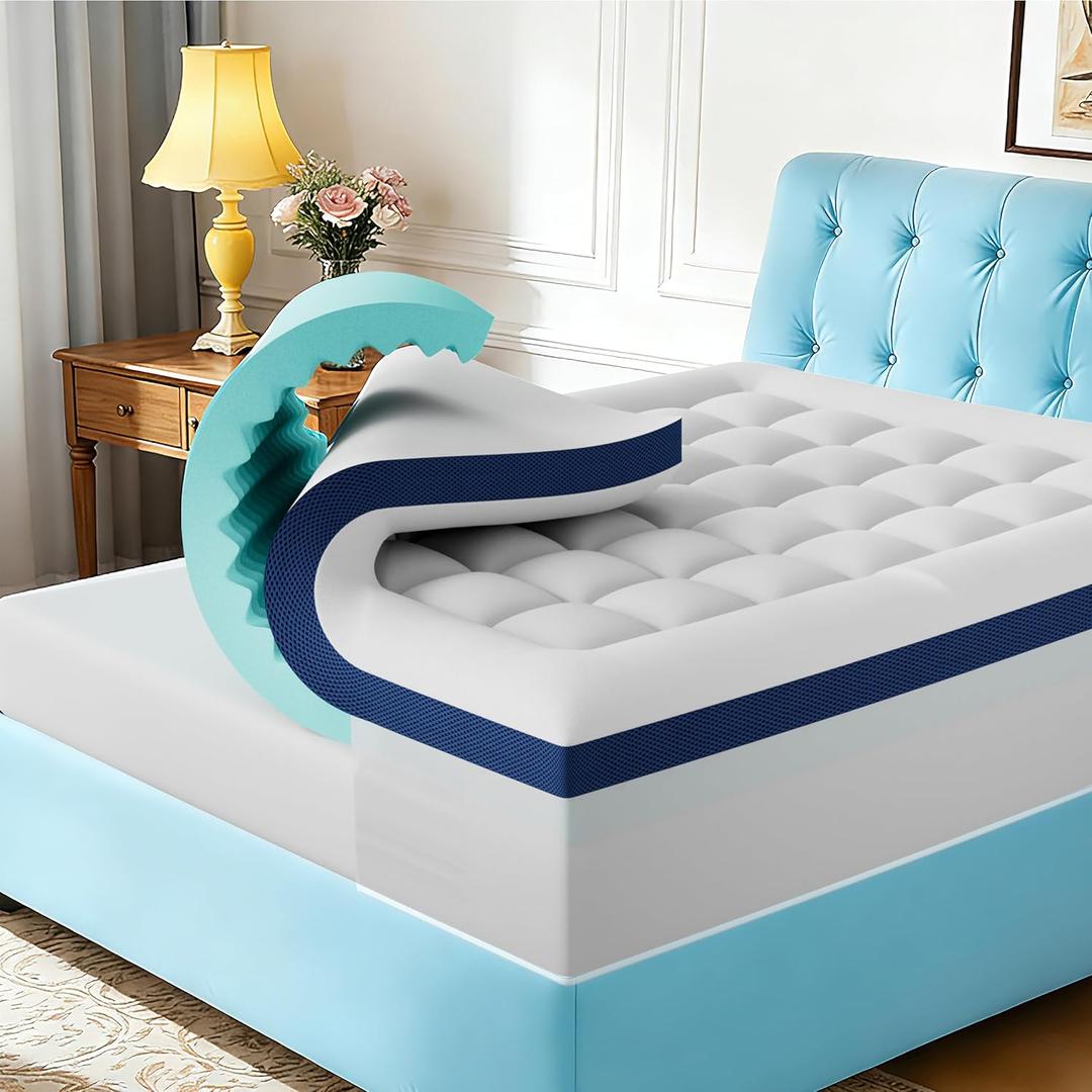 4 Inch Memory Foam Dual-Layer Mattress Topper Queen Size - 2Inch 1000GSM Quilted Pillow Top with Down-Alternative + 2Inch 5-Zone Egg Crate Memory Foam, Cooling & BreathableQueen,60"x80" (Blue)