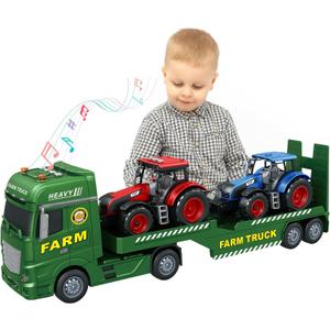 3-in-1 Farm Truck Toys for Kids Ages 3-6 25.6 Inch Extra-Large Inertia Semi Trailer with Lights & Sounds, Detachable Tractor and Light & Sound Farm Vehicle