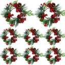 Yilloog 8 Sets Christmas Candle Rings Wreaths Berry Pinecone Red Poinsettia Candle Wreaths Rings Mini Candleholders Xmas Wreath Holder for Christmas Centerpiece(Delicate)