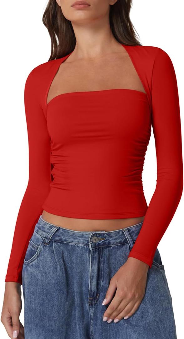 QINSEN Long Sleeve Square Neck Tops for Women Double Lined Side Ruching Going Out Shirts Basic Tee (X-Large, Red)