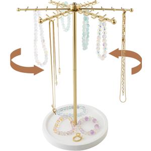 Framendino, Rotating Necklace Holder Jewelry Stand Gold Necklace Display Stand Metal Jewelry Organizer with 48 Hooks Gift for Women