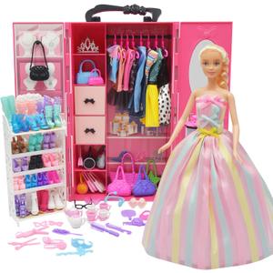 161 PCS 11.5 Inch Girl Doll Closet Wardrobe with Clothes and Accessories Including Wardrobe Shoes Rack Clothes Dress Swimsuits Shoes Hangers Crown Necklace and Other Accessories