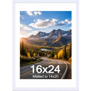 Wood 16x24 Picture Frame with 14x20 Mat White, Display 14x20 with Mat or 16x24 Without Mat, Wood 16 by 24 Photo Frame, 16 x 24 Frame for Wall Hanging Display, White
