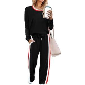 WIHOLL 2 Piece Lounge Sets for Women Long Sleeve Tops Wide Leg Sweatpants Sweatsuits with Pockets (X-Large, Black)