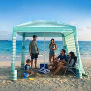 Gorich Beach Cabana with UPF50+ UV Protection, 8x8 FT Beach Canopy Tent with Side Wall, Easy Setup, Windproof Portable Sun Shelter Shade for Family, Mint Stripe